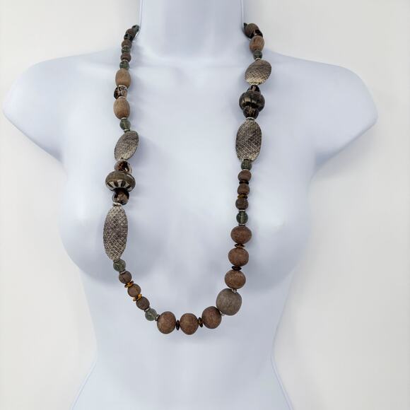 Vintage Chunky 34" Brown Beaded Necklace with Snakeskin Earthy Design - Picture 1 of 5